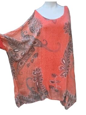Chic & Mit Silk Poncho Top Coral Paisley Sheer Flowy Kaftan Made in Italy